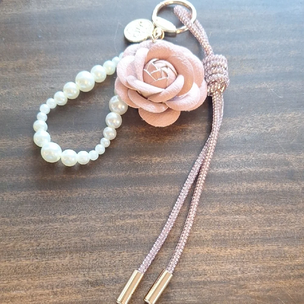 Elegant Pink Rose Bag Charm with Pearls